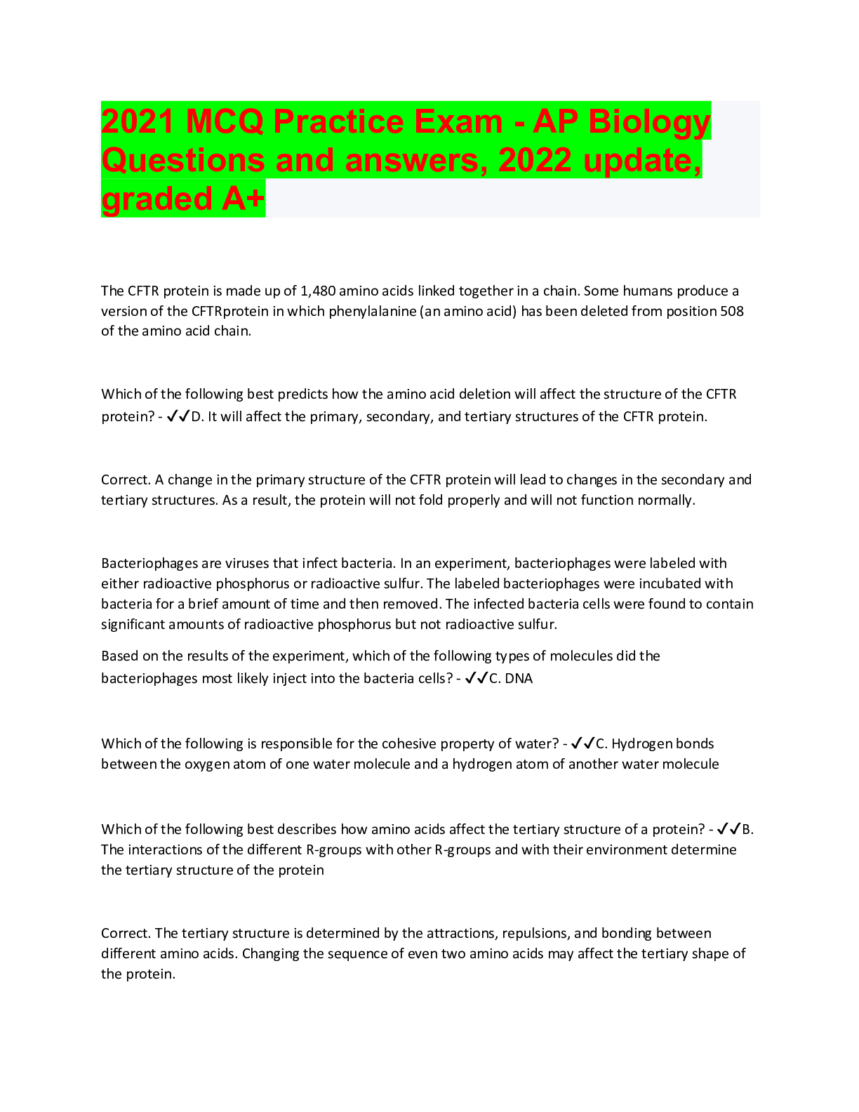 Preview image for 2021 MCQ Practice Exam - AP Biology Questions and answers, 2022 update, graded A+